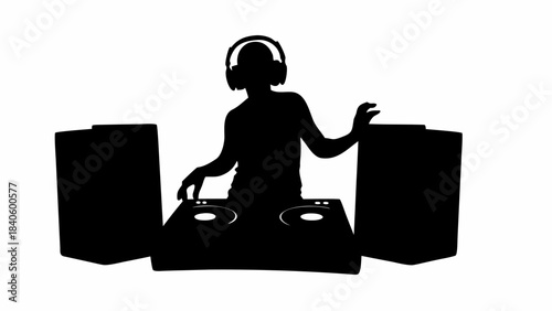 Set of DJ and electronic dance music equipment silhouettes, including turntables and mixer.