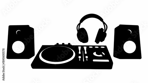 DJ and electronic dance music equipment silhouettes collection, for party and club graphics.