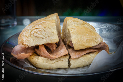 Traditional Portuguese bifana sandwich