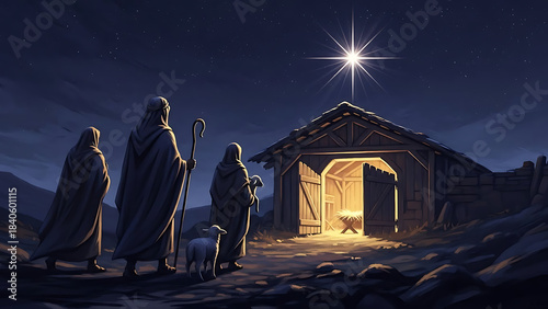 Nativity scene with shepherds and glowing stable under bright star. Shepherds approach stable filled with warmth and light, symbolizing hope and faith.