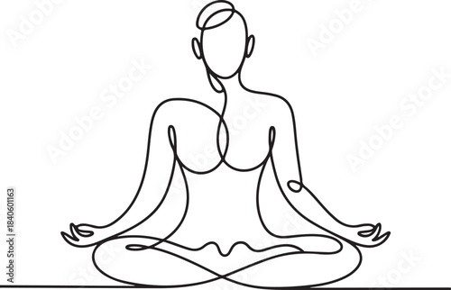 Continuous line art illustration of figure in lotus meditation posture with natural sketch contour