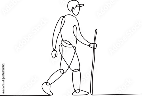Continuous line art illustration of figure walking trail holding stick with natural sketch contour