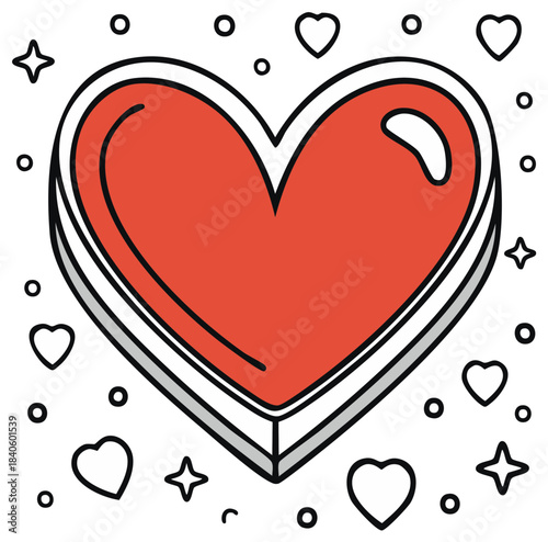 Stylized Red Heart with Outline and Sparkling Stars, Minimalist Design
