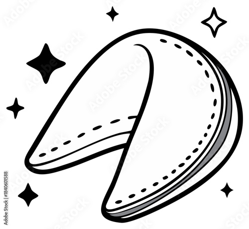 Simple Black and White Fortune Cookie Line Art Illustration with Stars