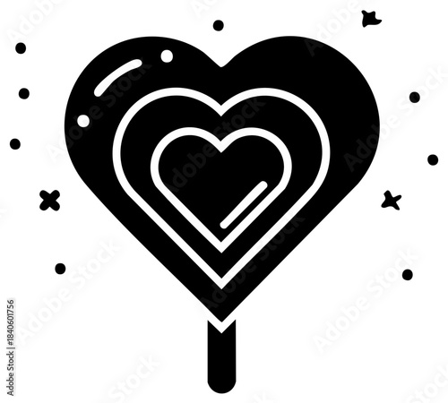 Stylized Heart Shaped Lollipop Icon with Sparkle Accents on White