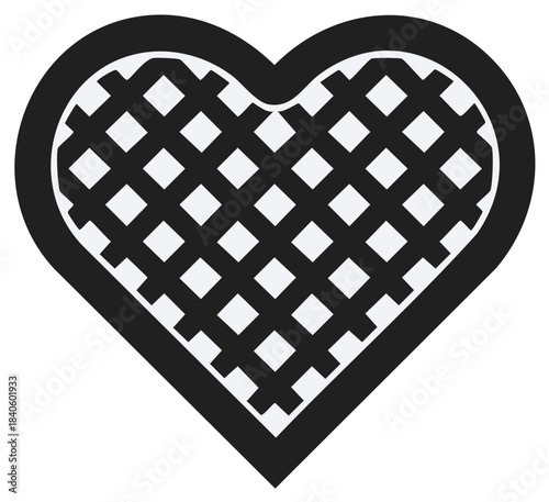 Black and white heart shaped waffle with grid pattern isolated on white background