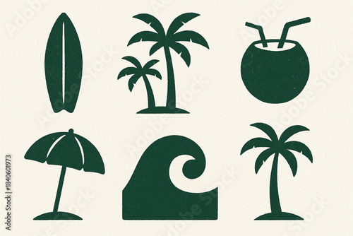 Brazilian Beach Culture Icon Set Surfboard Palm Trees Coconut Drink Umbrella Ocean Wave Flat Vector Grid