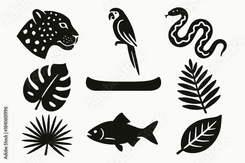 Amazon Rainforest Icon Set Jaguar Macaw Anaconda Leaves Canoe River Fish Minimalist Vector Grid