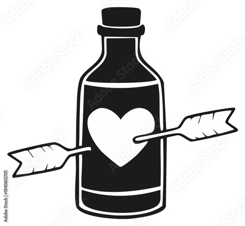 Illustration of a Love Potion Bottle with Heart Pierced by Cupid Arrow