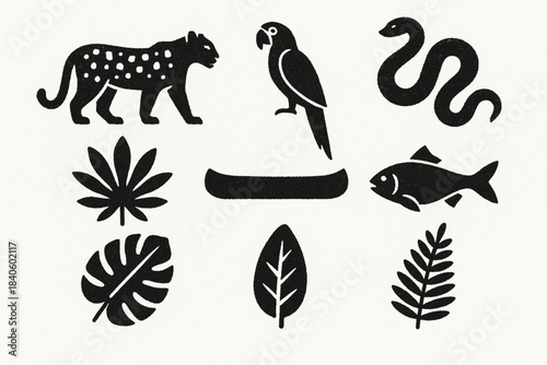 Amazon Rainforest Icon Set Jaguar Macaw Anaconda Leaves Canoe River Fish Minimalist Vector Grid