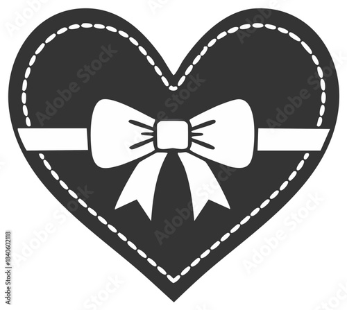 Heart shaped patch with decorative bow, love symbol with ribbon, stitching ornament in gray tone