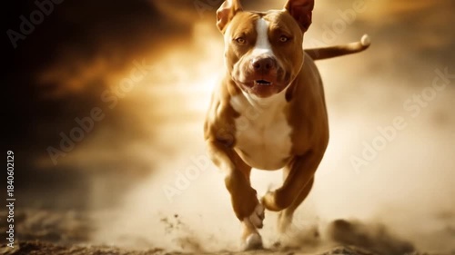 A powerful pit bull runs through a field of dust in the golden light of sunset.