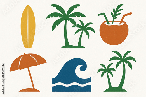Brazilian Beach Culture Icon Set Surfboard Palm Trees Coconut Drink Umbrella Ocean Wave Flat Vector Grid