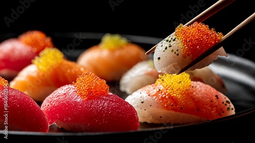 Close-up of sushi nigiri with various colorful toppings being picked up by chopsticks