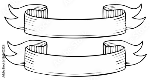 Two blank hand drawn sketch style banners ready for your custom text or message black and white illustration