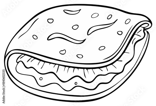 Simple black and white outline drawing of a delicious folded flatbread with savory filling