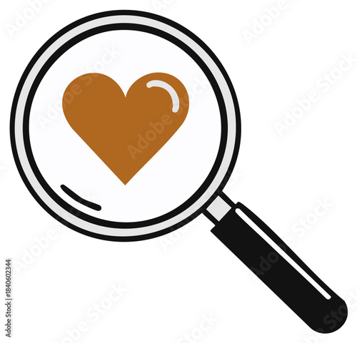 Magnifying glass viewing a brown heart symbol of love and care with a clean white background