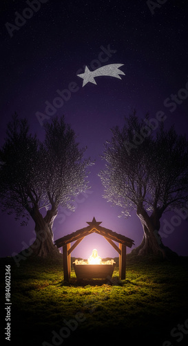 Night scene showing wooden manger with a glowing figure, flanked by two trees, and a shining star above, representing religious holiday, faith, and hope
