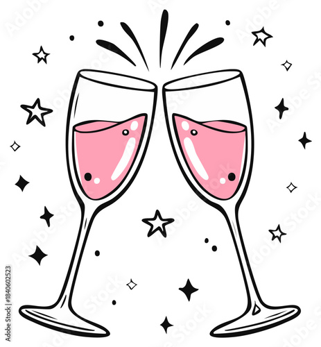 Two elegant champagne flutes filled with pink bubbly liquid clinking in celebration surrounded by hand drawn stars and sparks