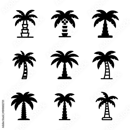 Tropical palm trees set silhouettes Black palm trees set isolated on white background. Palm silhouettes. Design of palm trees for posters, banners and promotional items.