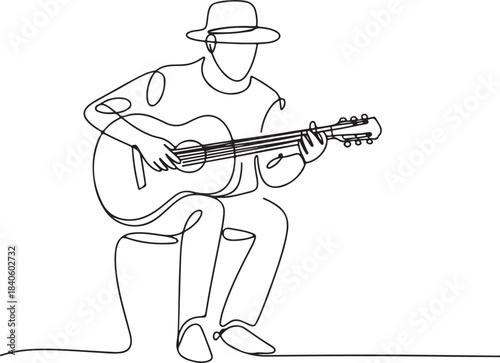 Continuous line art illustration of musician strumming guitar in public square with natural sketch contour