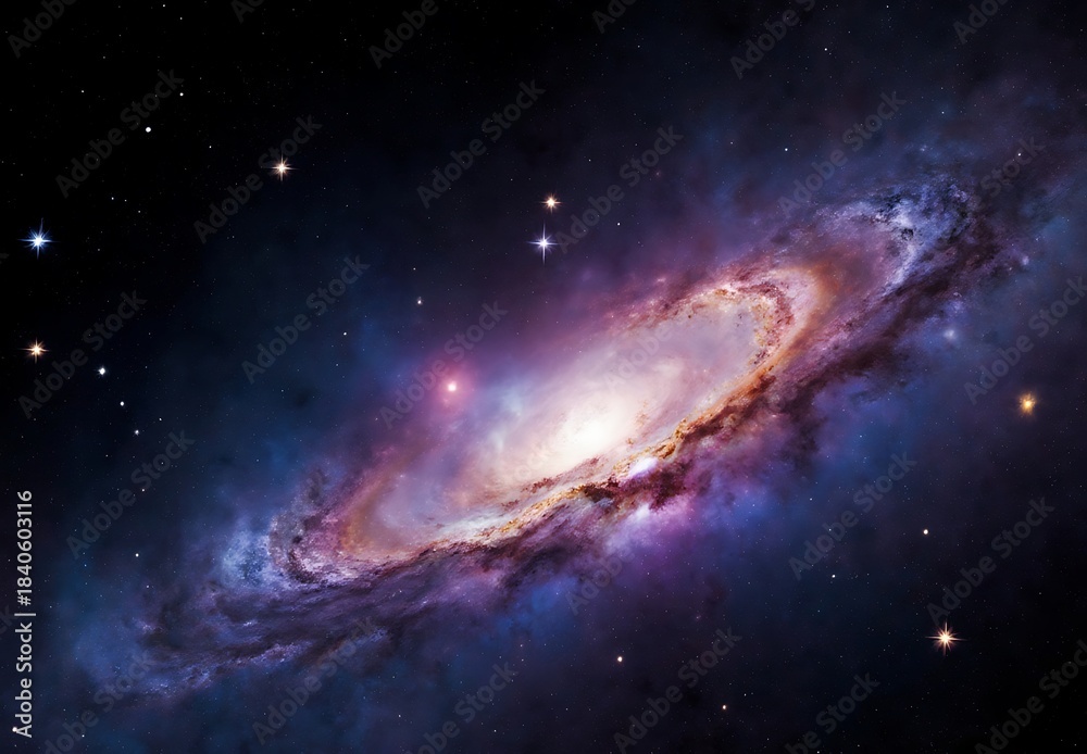 Fototapeta premium Bright Colorful Stellar Spiral Galaxy Shimmering with Vibrant Purple Orange Blue Glow in Vast Infinite Universe