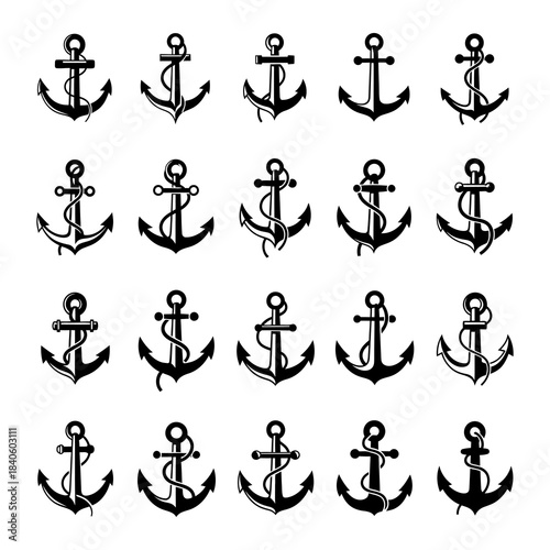 anchor symbols set vector silhouettes anchor with rope Steering Wheel Captain Boat Ship Yacht Compass Transport logo design inspiration