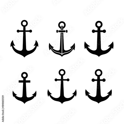 anchor symbols set vector silhouettes anchor with rope Steering Wheel Captain Boat Ship Yacht Compass Transport logo design inspiration