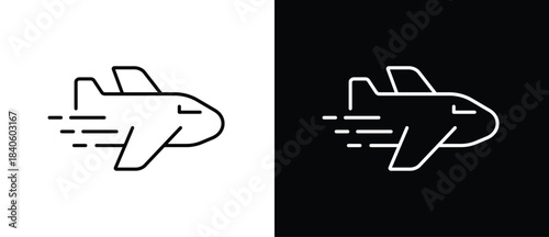 Airplane icon. Fast delivery transportation icon. Speed ​​and movement icon, dynamic symbol for speed, delivery, and transportation. Vector illustration with transparent and black background.
