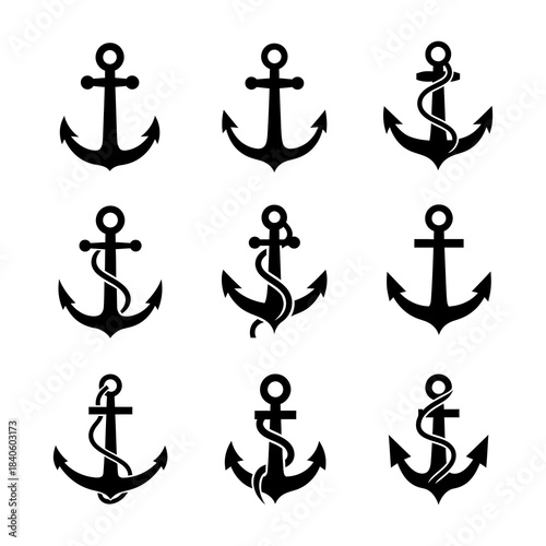 anchor symbols set vector silhouettes anchor with rope Steering Wheel Captain Boat Ship Yacht Compass Transport logo design inspiration