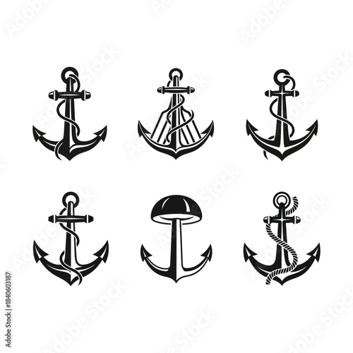 anchor symbols set vector silhouettes anchor with rope Steering Wheel Captain Boat Ship Yacht Compass Transport logo design inspiration