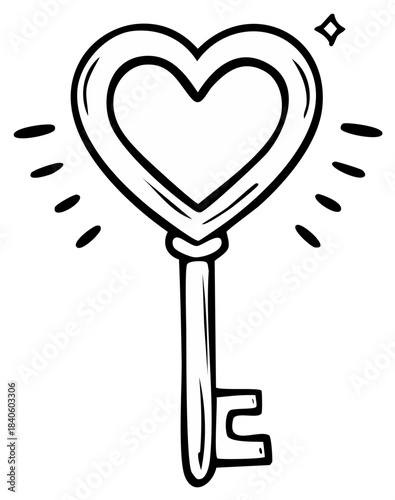 Hand drawn heart shaped key with sparkling light bursts on a white background