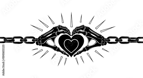 Skeleton hands form heart shape, breaking chain link on transparent background Vector