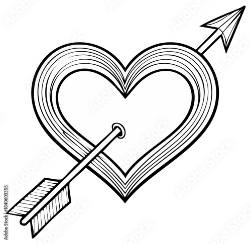 Stylized heart shape pierced by an arrow, hand-drawn illustration for love concepts
