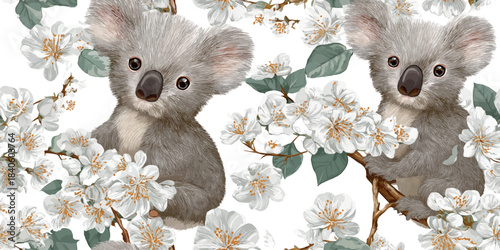 Charming koala with a white and teal floral wreath seamless pattern for nursery fabrics, peaceful home decor, and gentle branding.