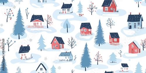 Charming winter village houses and snow-covered trees seamless pattern for festive fabrics, holiday wrapping paper, and cozy home decor