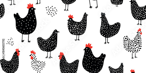 Minimalist speckled chicken and polka dot seamless pattern in black and white for farmhouse fabrics, kitchen textiles, and rustic home decor