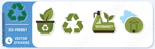 Vibrant collection of four essential eco friendly recycling and sustainability stickers perfect for green campaigns