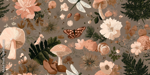 Intricate botanical seamless pattern of mushrooms, flowers, and insects in warm beige tones for vintage textiles, elegant packaging, and rustic decor