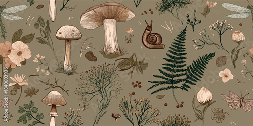 Detailed engraved mushroom, snail, and fern seamless pattern in neutral taupe and brown for sophisticated textiles, stationery, and earthy branding