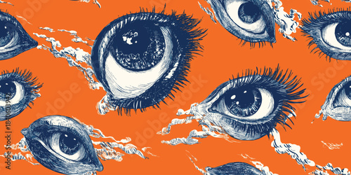 Bold engraving-style human eyes seamless pattern on a vibrant orange background for edgy fashion fabrics, expressive branding, and dramatic packaging