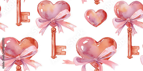 Romantic watercolor heart keys and bows seamless pattern for wedding stationery, feminine fabrics, and Valentine's Day packaging