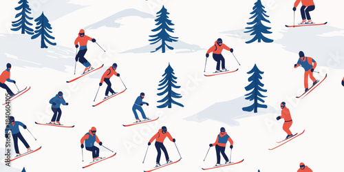 Energetic downhill skier and pine tree seamless pattern for winter fabrics, sportswear, and cold-weather packaging