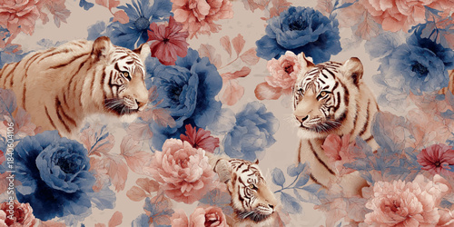 Dramatic white tiger head and large peony floral seamless pattern for luxurious fashion fabrics, opulent wallpaper, and sophisticated branding