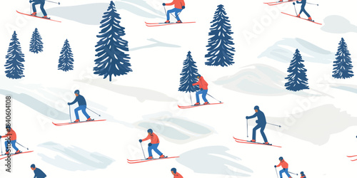 Energetic downhill skier and pine tree seamless pattern for winter fabrics, sportswear, and cold-weather packaging