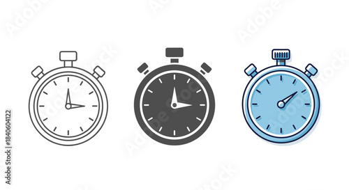Three stopwatch icons in different styles isolated on white background outline, filled, and color version, representing time, speed, and deadline
