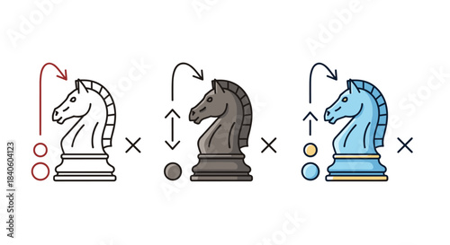 Chess knight movement isolated on white background shows the lshaped path it takes, a strategic piece in the game of chess, vector illustration