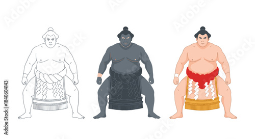 Sumo wrestler in different styles isolated on white background outline, grayscale, and color japanese traditional sport martial art healthy lifestyle