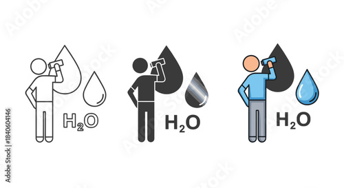 Stick figure drinking water with water drop and h2o formula isolated on white background hydration concept healthy lifestyle thirst vector illustration