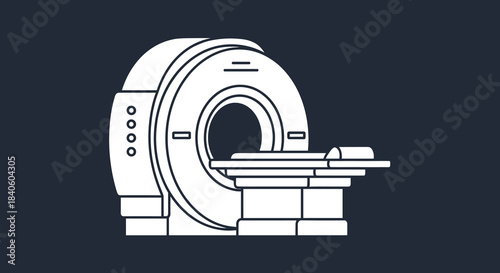 Illustration of a ct scanner, a medical imaging device used for diagnostic purposes, rendered in a clean, minimalist style against a dark background